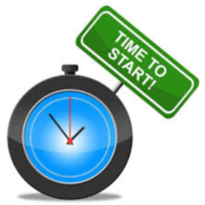  Clock holding a sign saying time to start 